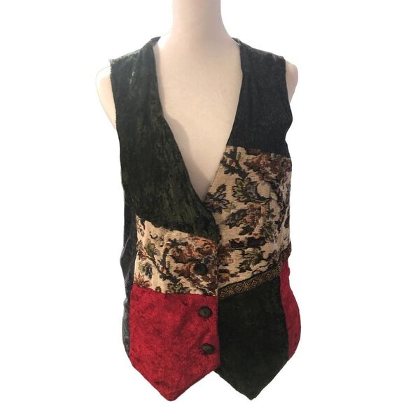 Vintage S Patchwork Velvet Red Green Floral Brocade Vest Soho Compagnie Holiday - Picture 2 of 11